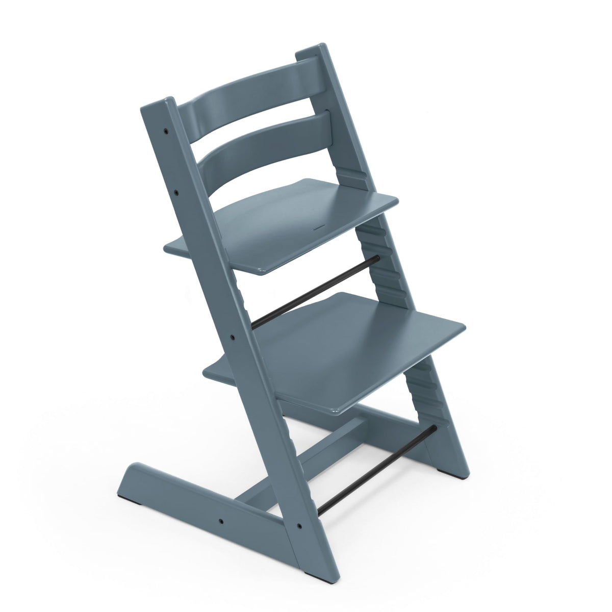 Stokke Tripp Trapp Fjord Blue front view showing adjustable seat for growing children.