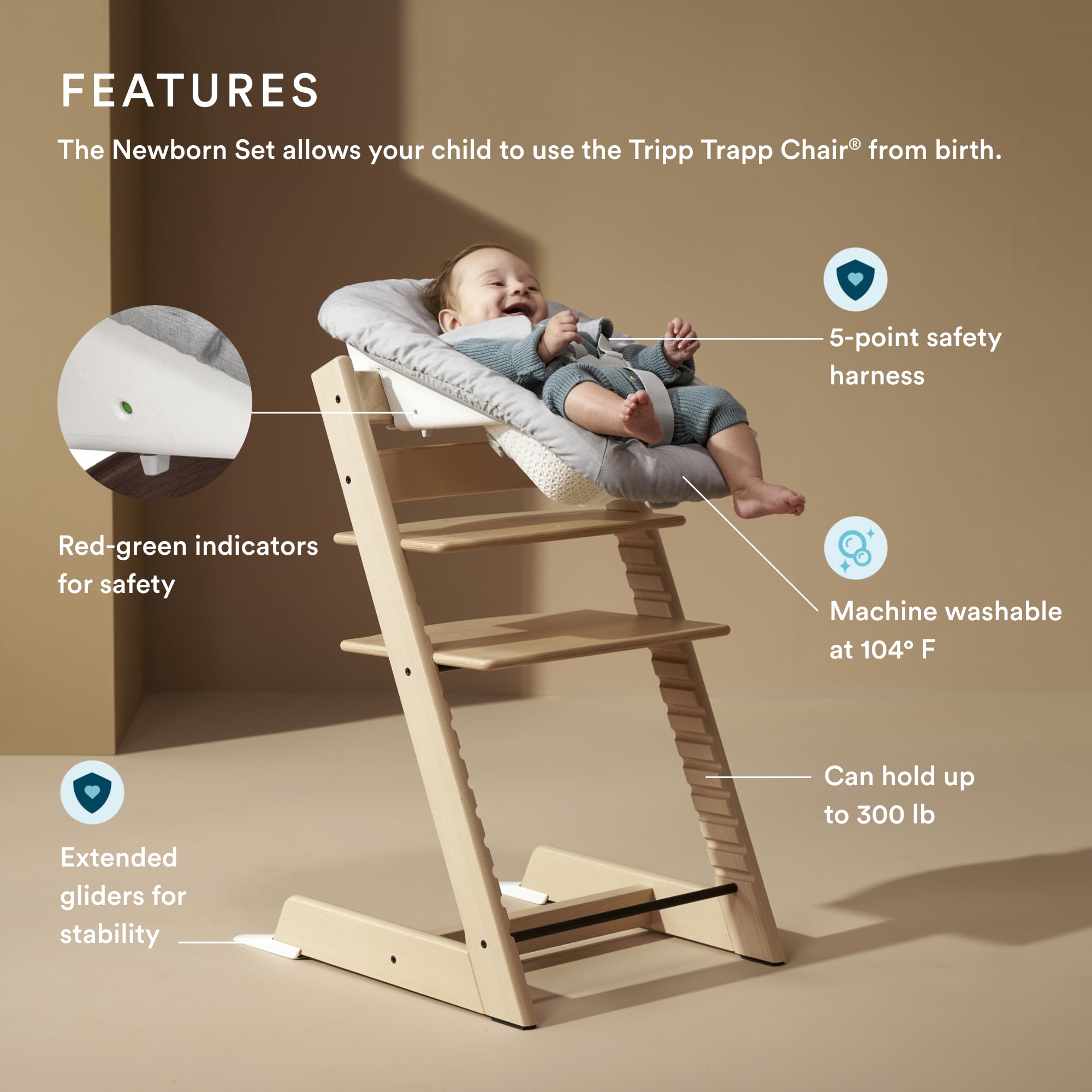 Stokke Tripp Trapp Newborn Set grey harness ensures secure seating from birth.