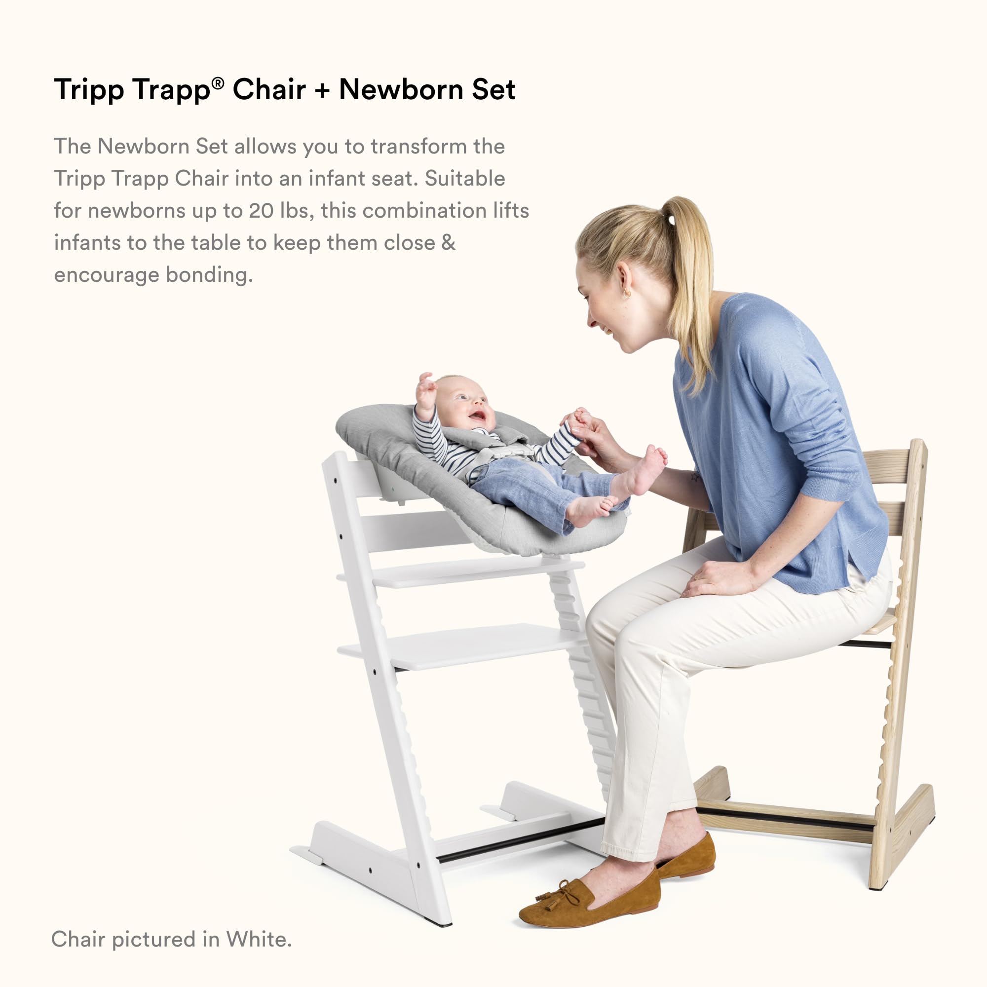 Stokke Tripp Trapp Newborn Set harness indicators confirm proper mounting.
