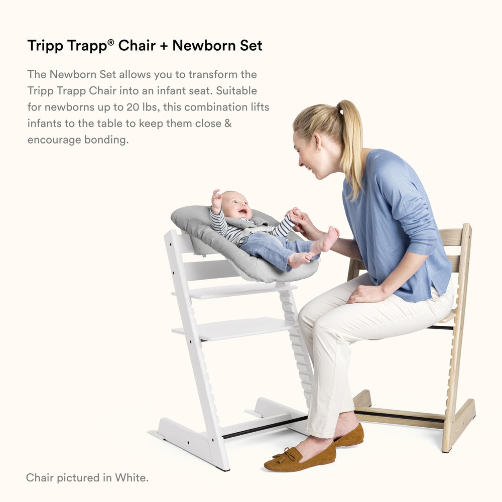 Stokke Tripp Trapp Newborn Set harness indicators confirm proper mounting.