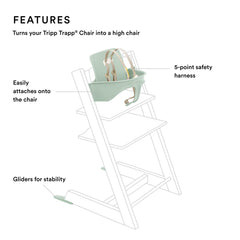 Stokke Tripp Trapp harness adjustment shows easy, tool-free sizing for growing infants