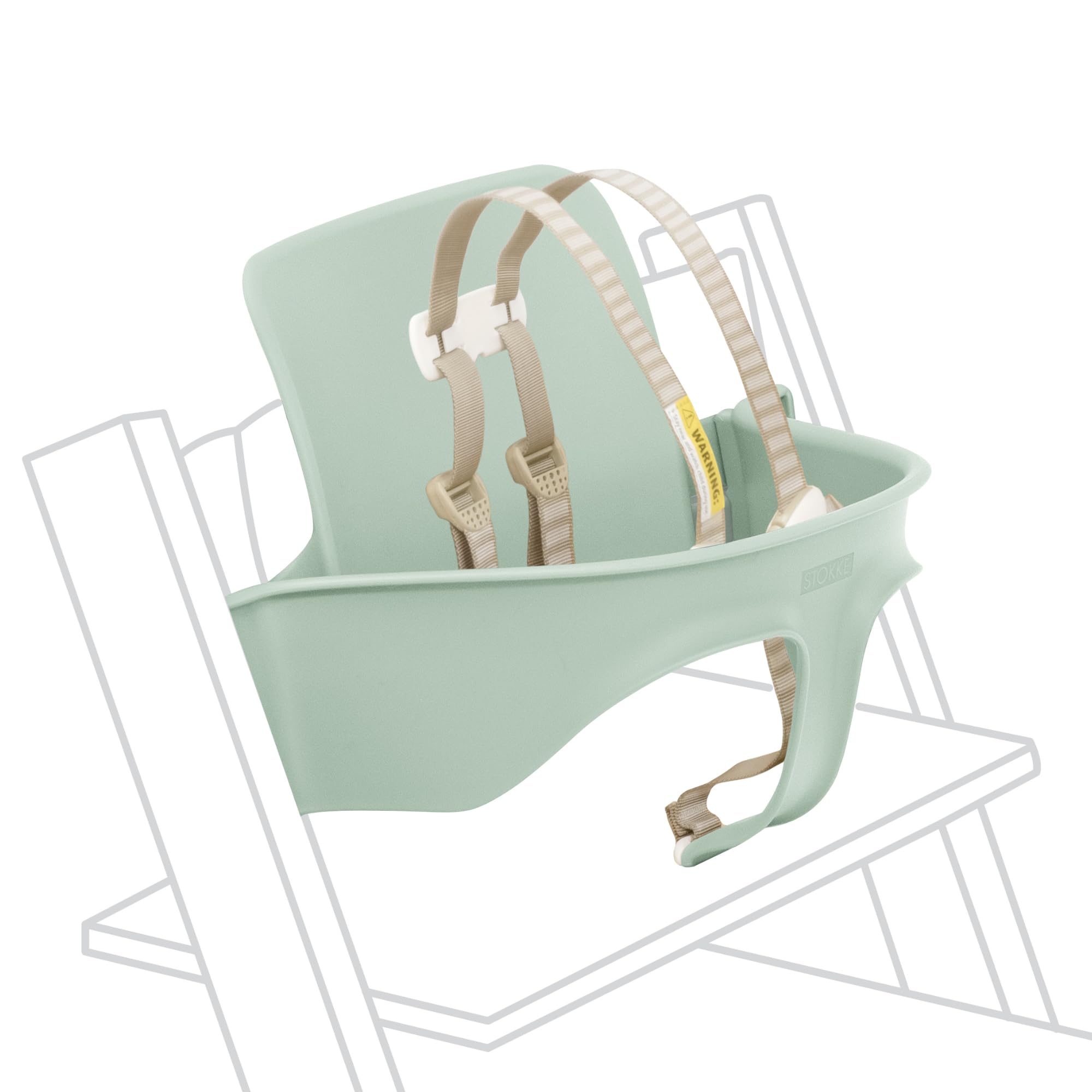 Stokke Tripp Trapp Soft Mint Seat with Harness on chair, secure for growing babies