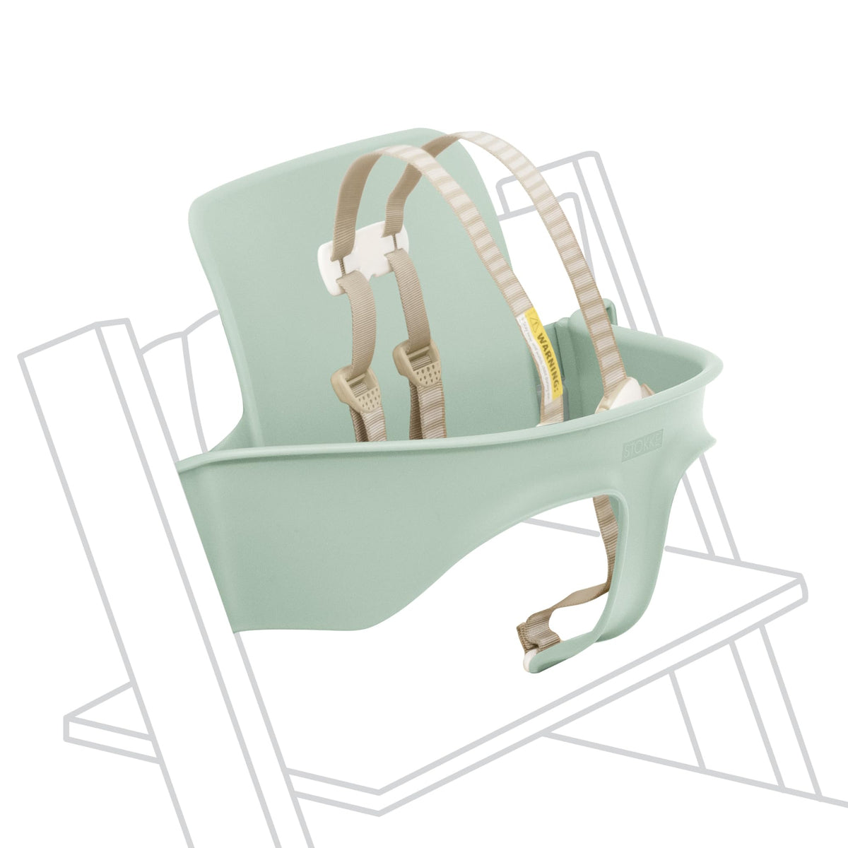 Stokke Tripp Trapp Soft Mint Seat with Harness on chair, secure for growing babies