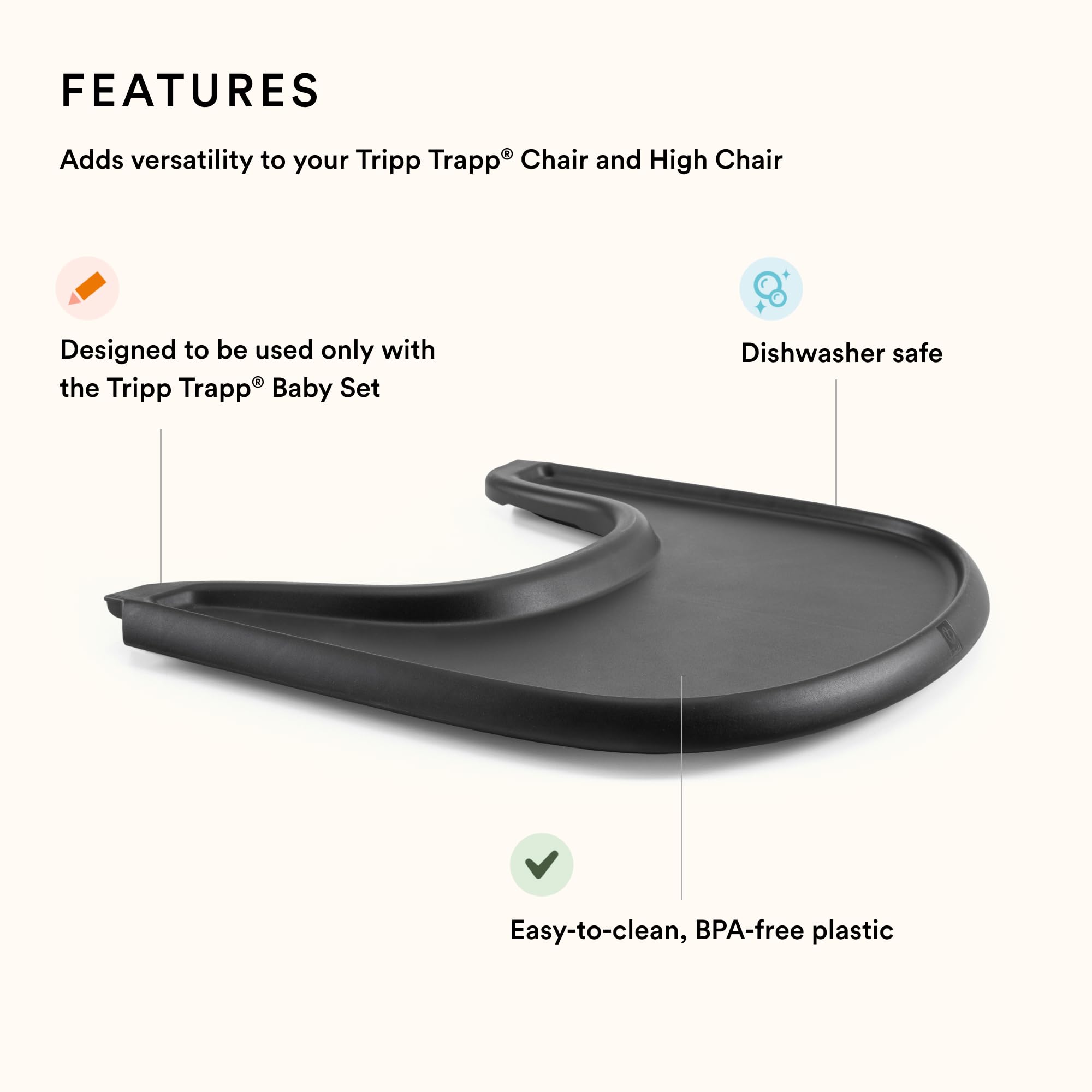 Stokke Tripp Trapp Tray Black side view, slim, easy-to-clean design.