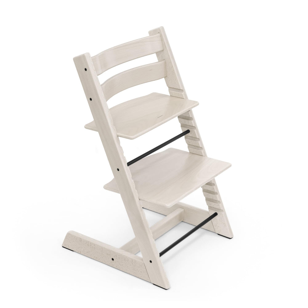 Stokke Tripp Trapp Whitewash closeup of adjustable seat for growing child.