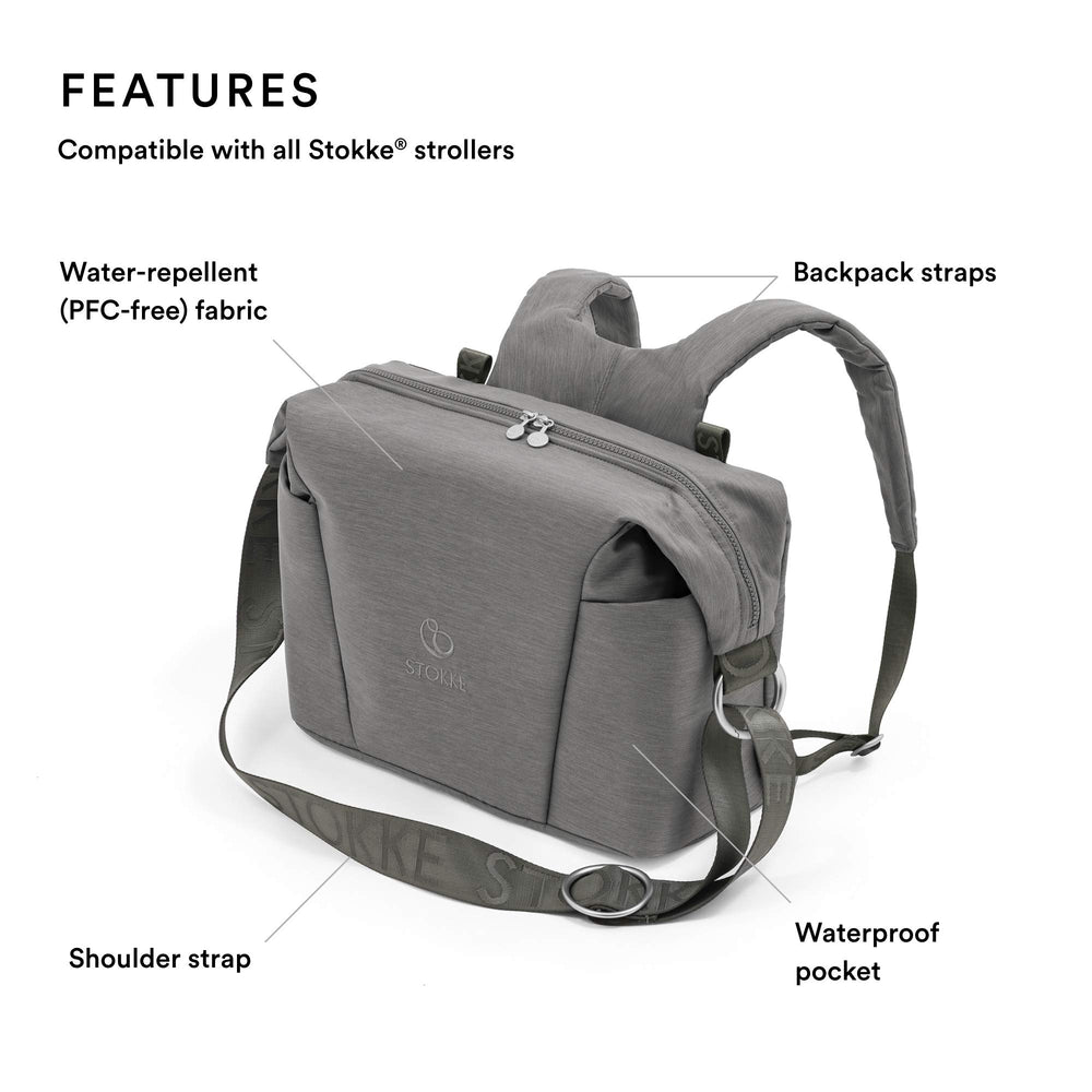 Stokke Xplory X bag includes foldable changing mat for quick diaper changes.