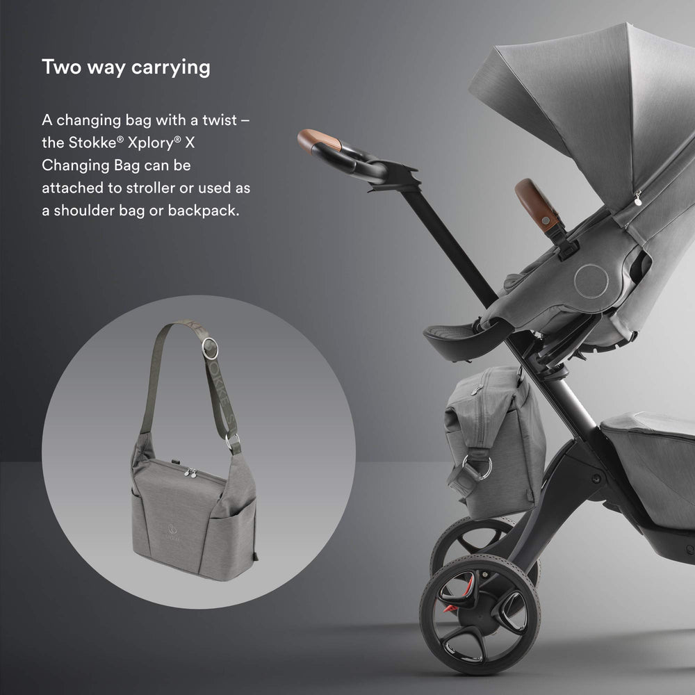Stokke Xplory X changing bag uses UPF 50+ fabric with water-repellent finish.
