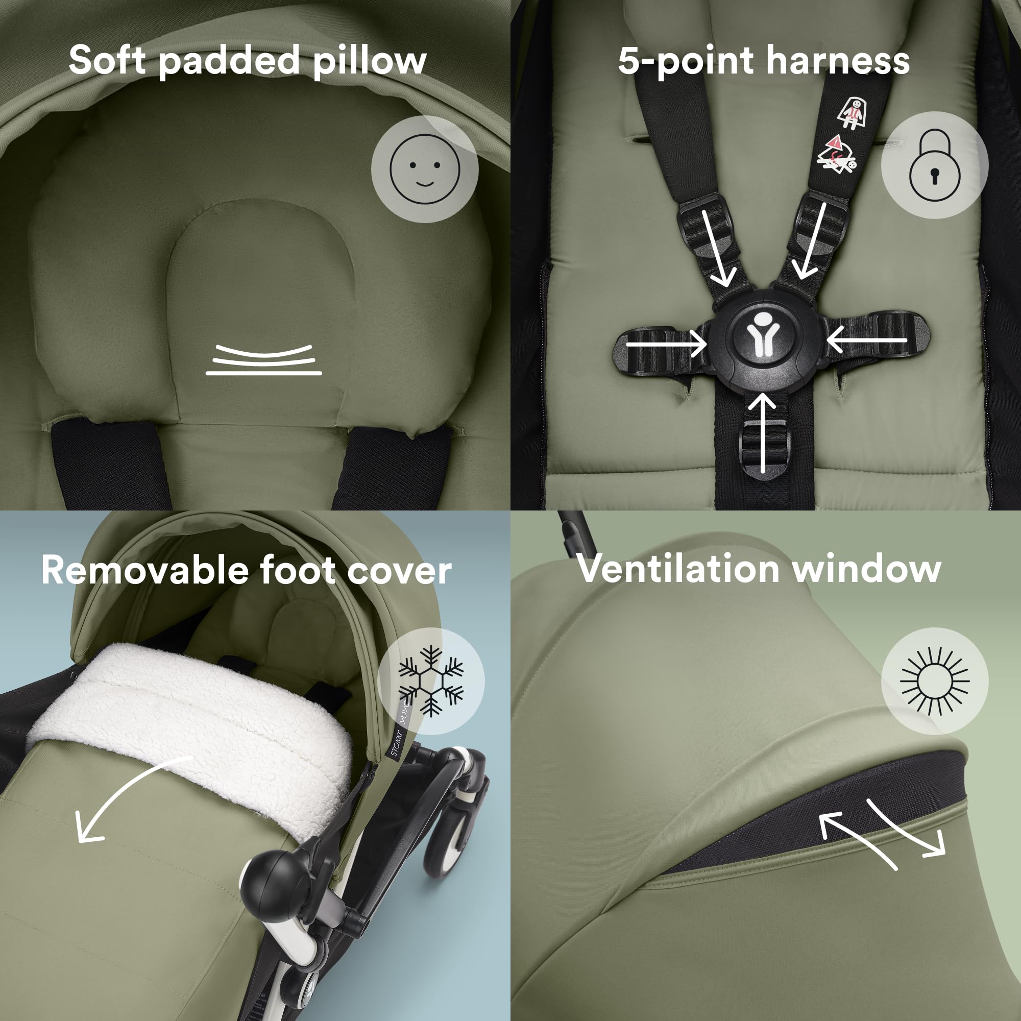 Stokke YOYO3 olive 0-plus newborn pack creates a cozy flat space for newborns