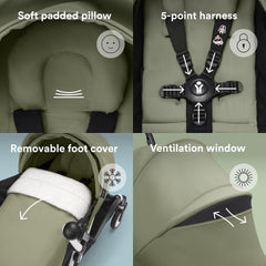 Stokke YOYO3 olive 0-plus newborn pack creates a cozy flat space for newborns
