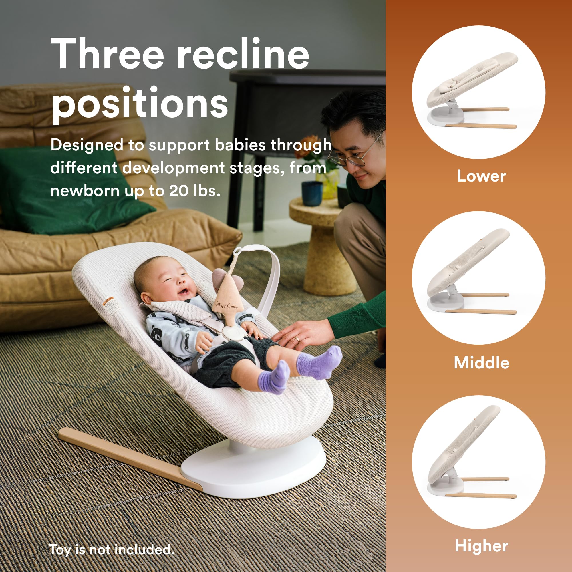 Concave ergonomic seat supports tiny posture for comfortable downtime.