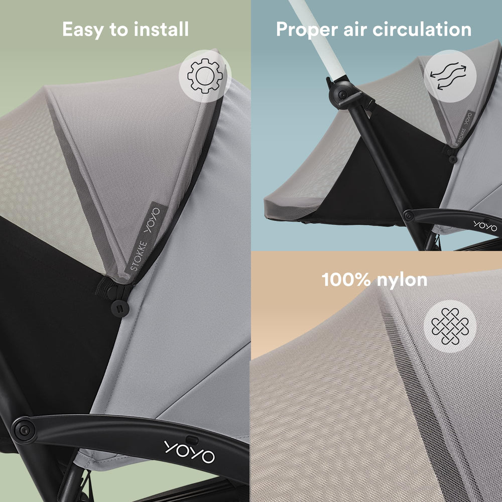 Stokke YOYO mosquito net stows neatly in the frame basket when not in use