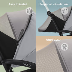 Stokke YOYO mosquito net stows neatly in the frame basket when not in use