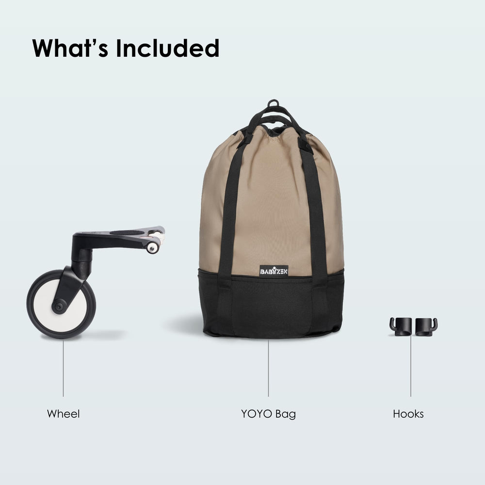 Stokke Yoyo bag taupe hooks securing the bag for stable one-handed use.