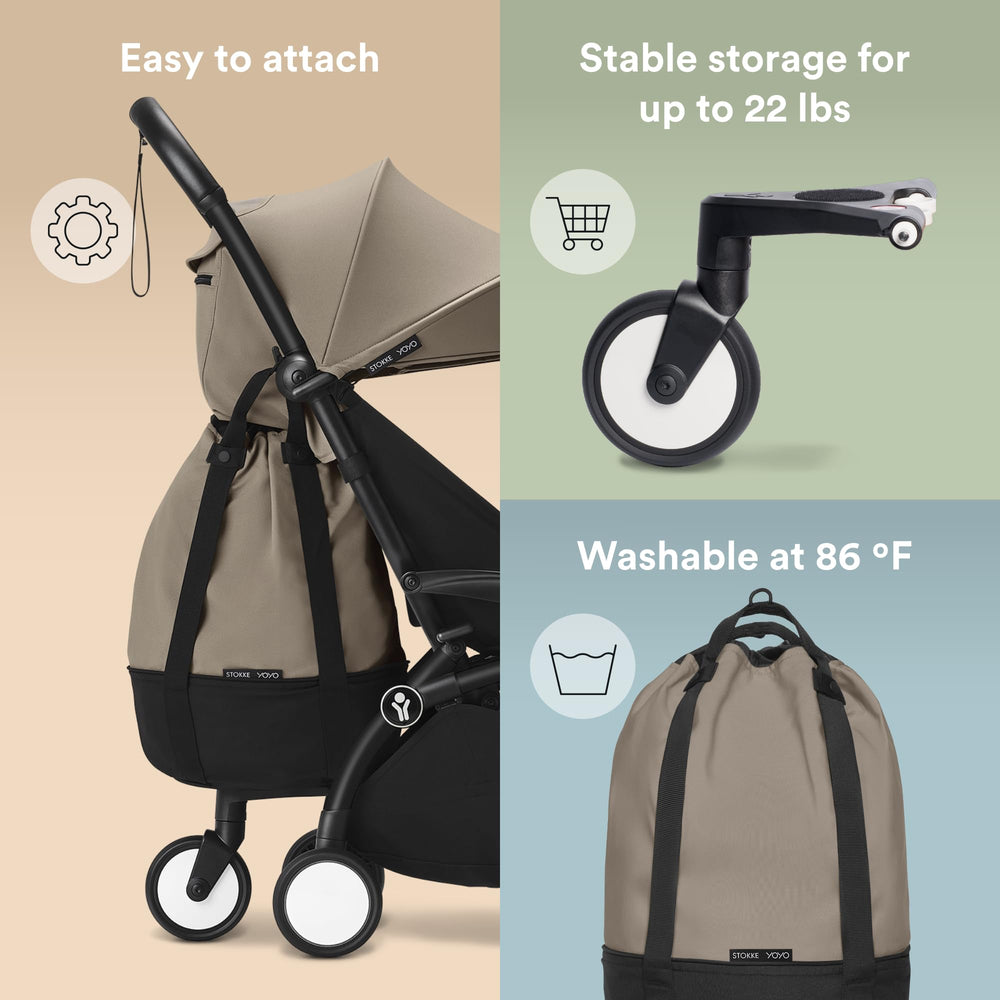 Stokke YOYO Bag Taupe attached to YOYO3 stroller for smooth city use