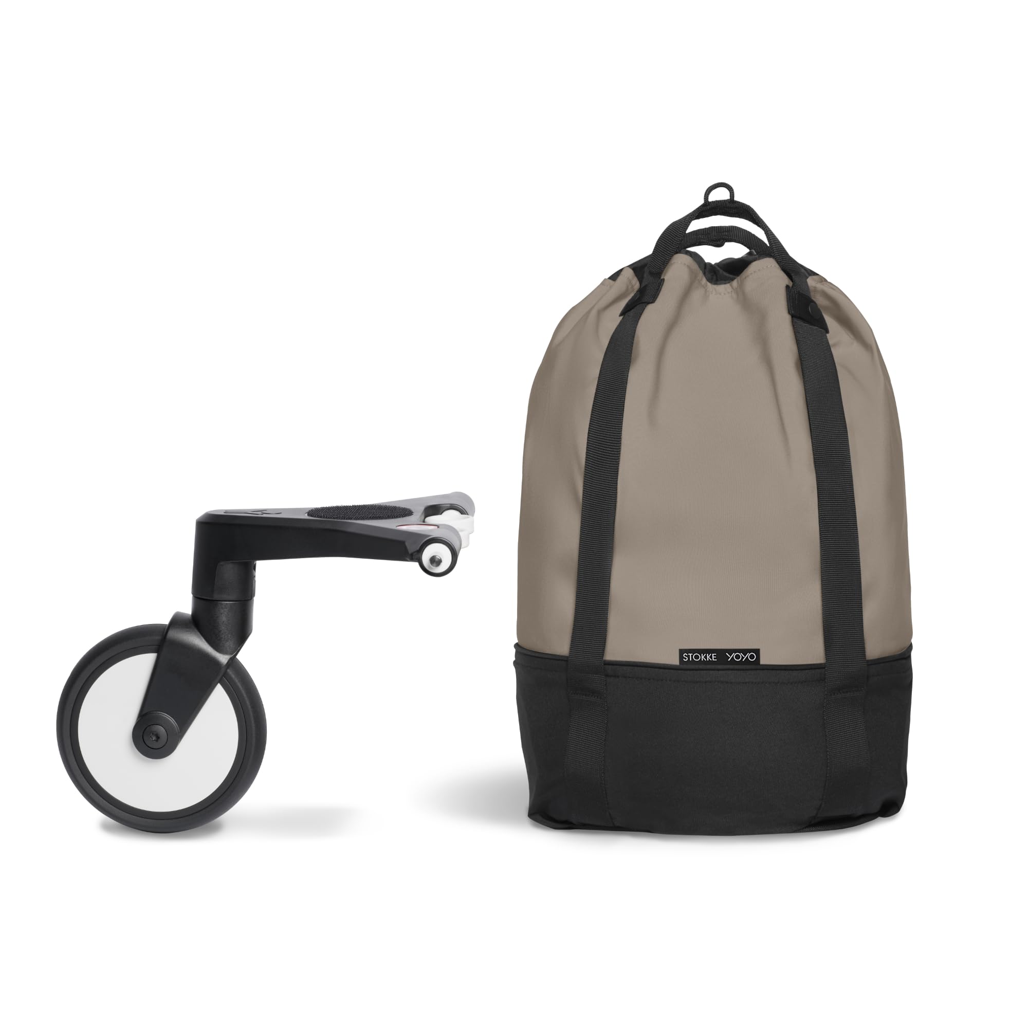 Stokke YOYO Bag Taupe with wheel base adding extra cargo capacity