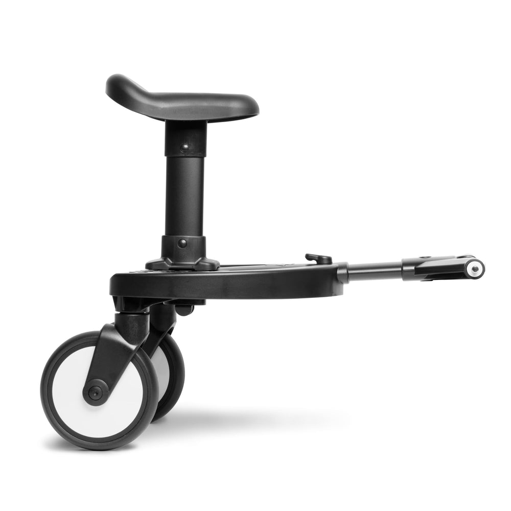 Stokke YOYO Board attached to stroller with one-click install for easy expansion.