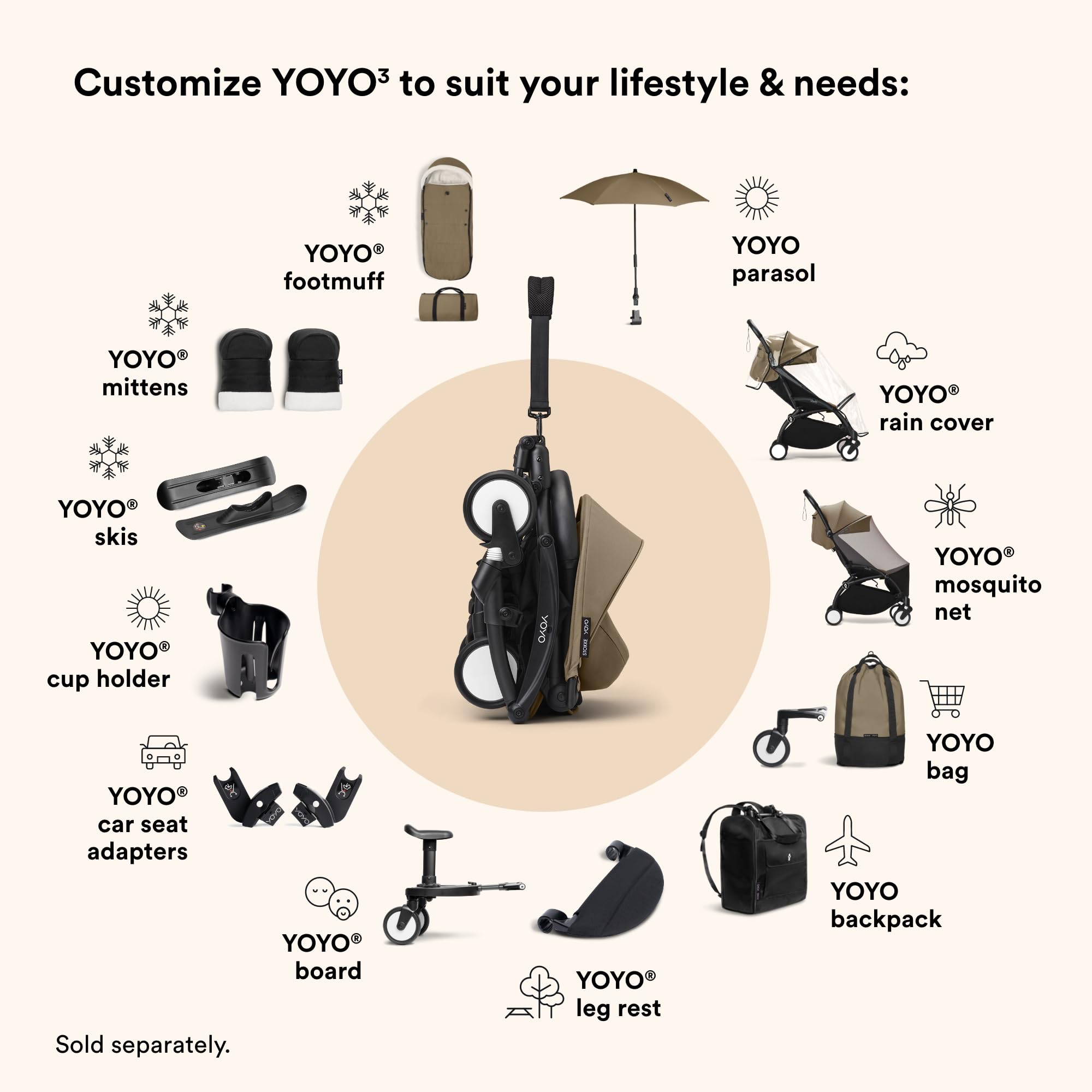 Stokke YOYO Footmuff Toffee includes carrying bag for easy storage.