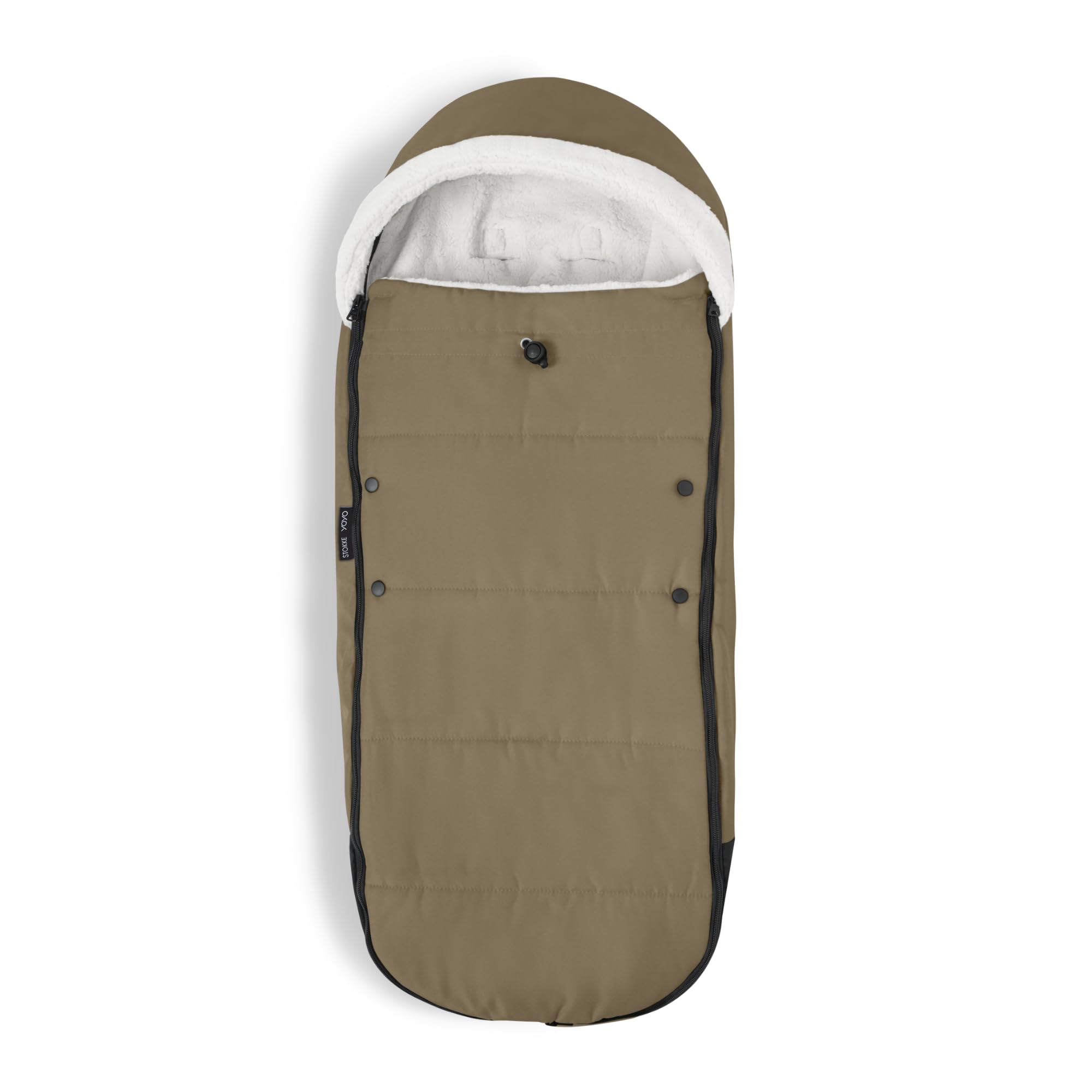 Stokke YOYO Footmuff Toffee with sherpa lining keeps baby warm during chilly stroller rides.
