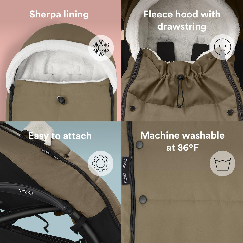 Stokke YOYO Footmuff Toffee upper part detachable reversible for mild days.