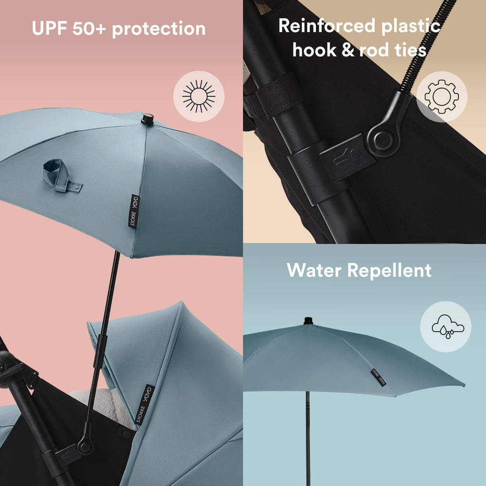 Stokke YOYO Parasol Aqua clipped to car seat for quick sun protection