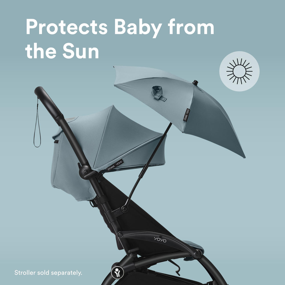 Stokke YOYO Parasol Aqua demonstrates UPF 50+ light blocking on sunny days