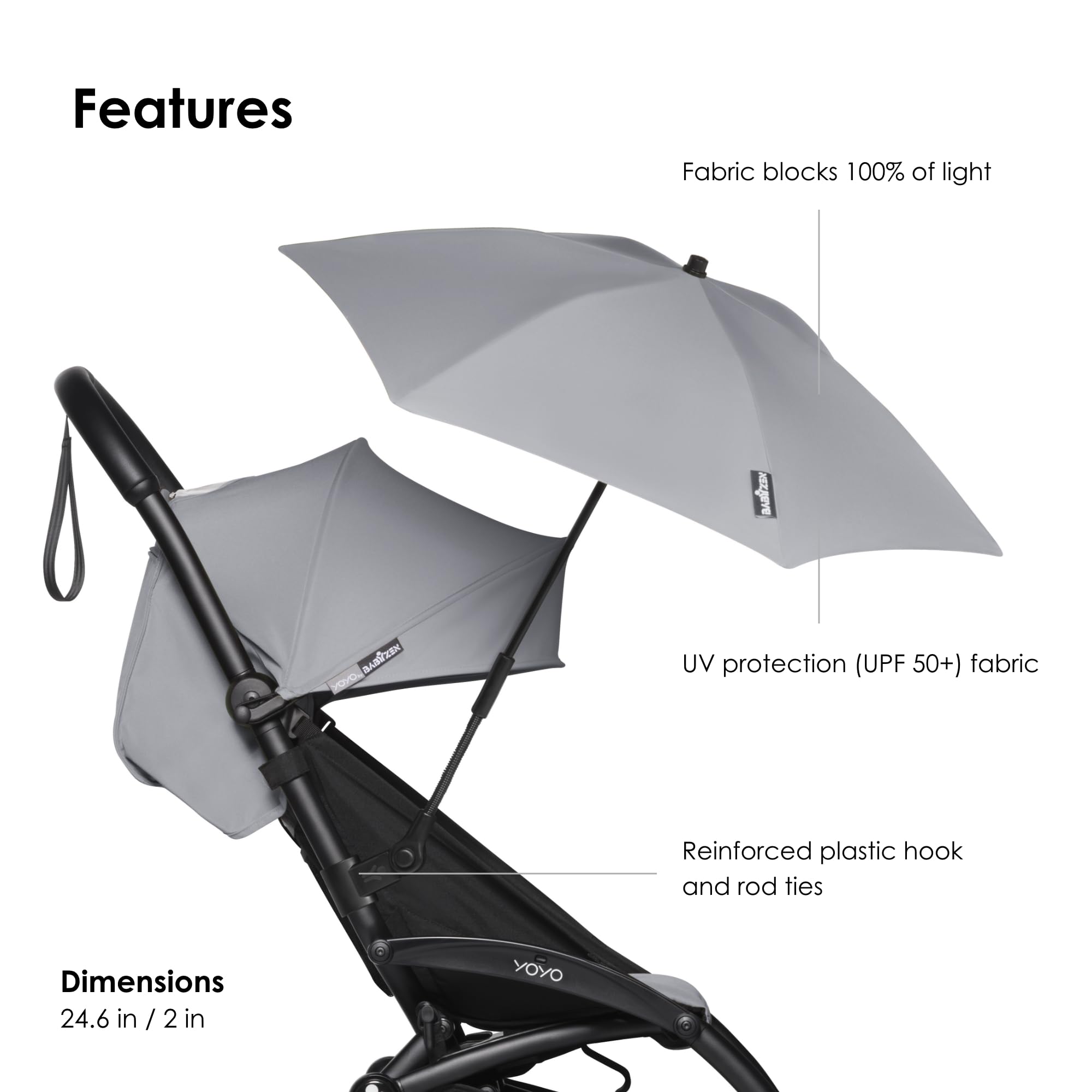 Stokke Yoyo Parasol Stone showcases a compact, on-the-go design for busy families.