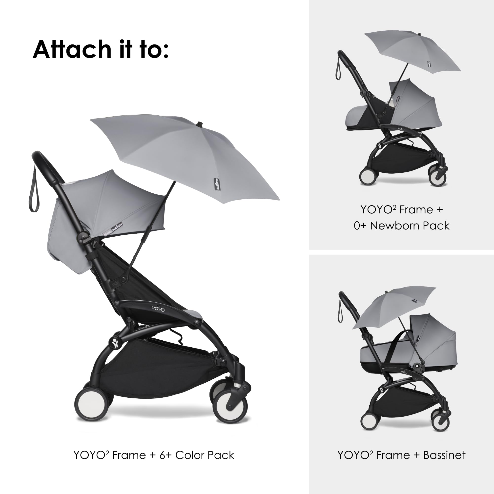 Stokke Yoyo Parasol Stone demonstrates compatibility with YOYO2 and YOYO3 strollers.