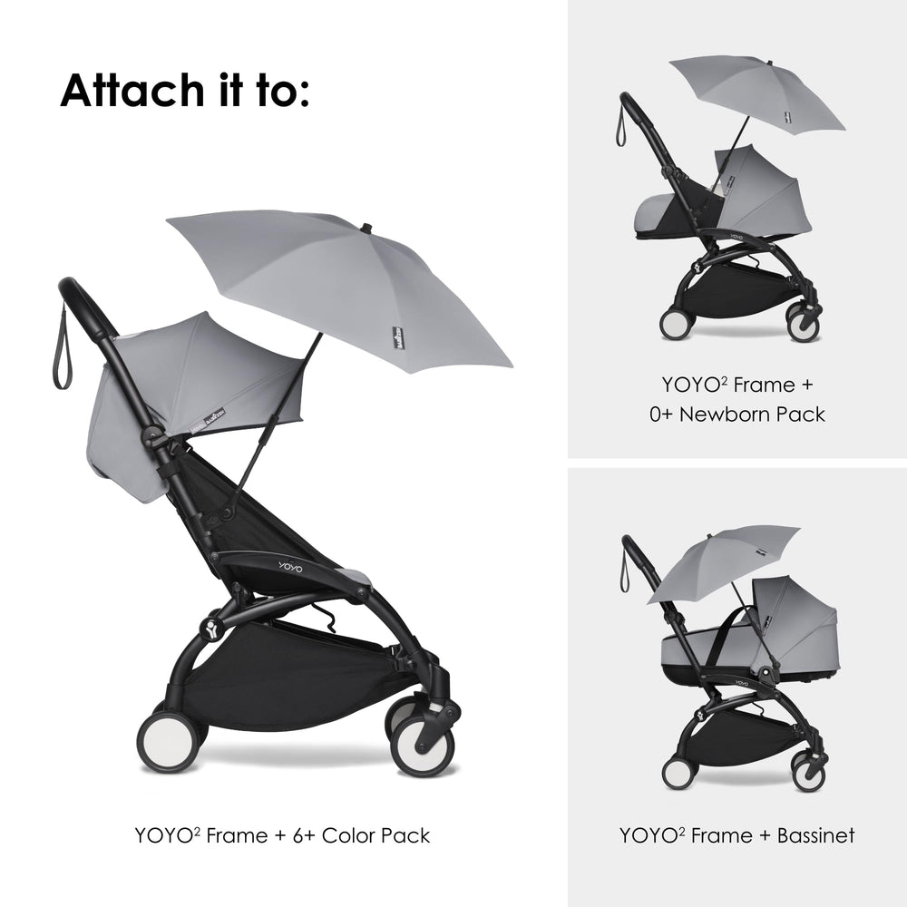 Stokke Yoyo Parasol Stone demonstrates compatibility with YOYO2 and YOYO3 strollers.