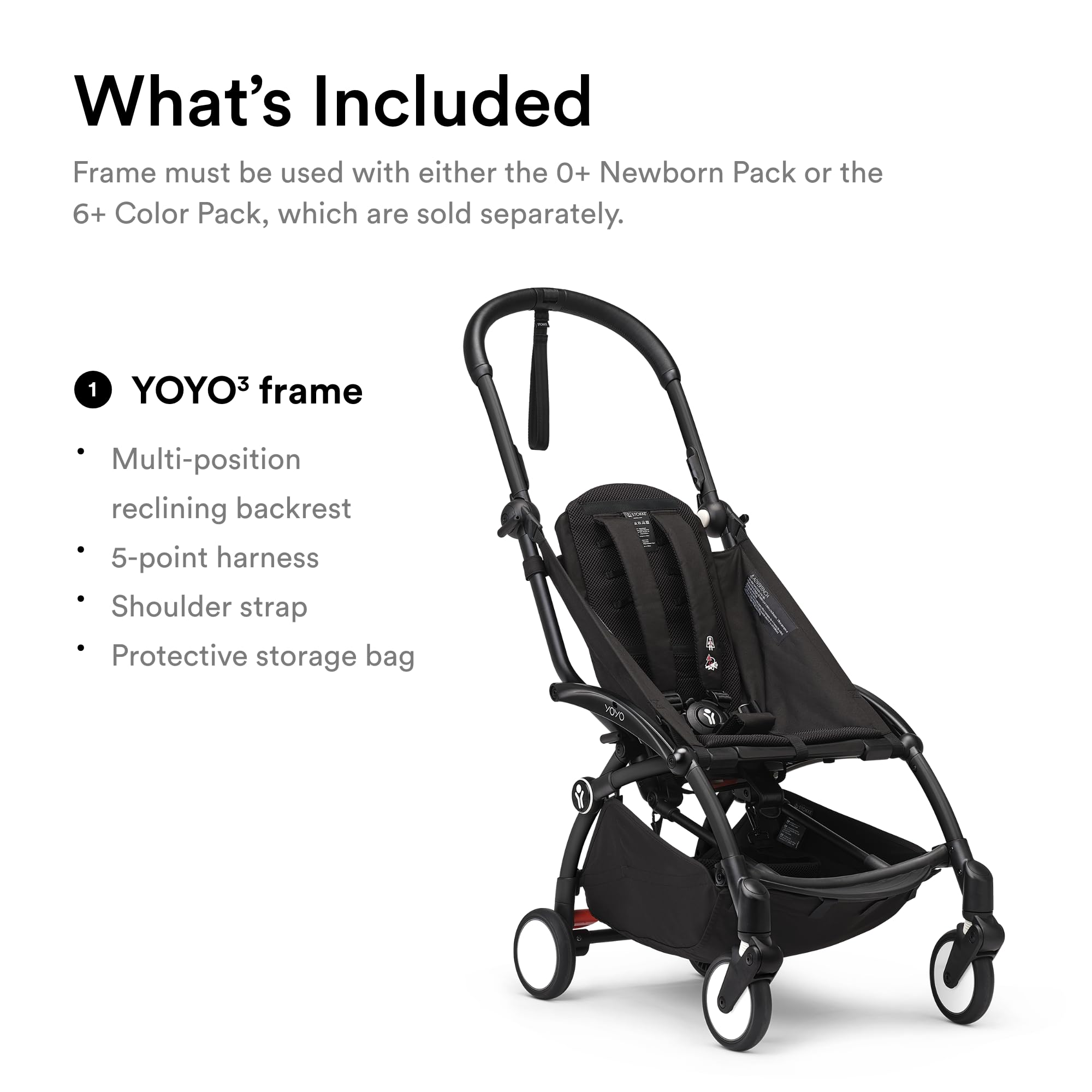 Stokke YOYO3 black frame, folded compact for travel and storage.