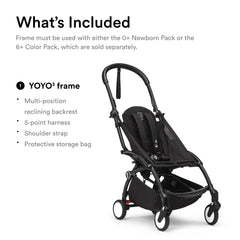 Stokke YOYO3 black frame, folded compact for travel and storage.