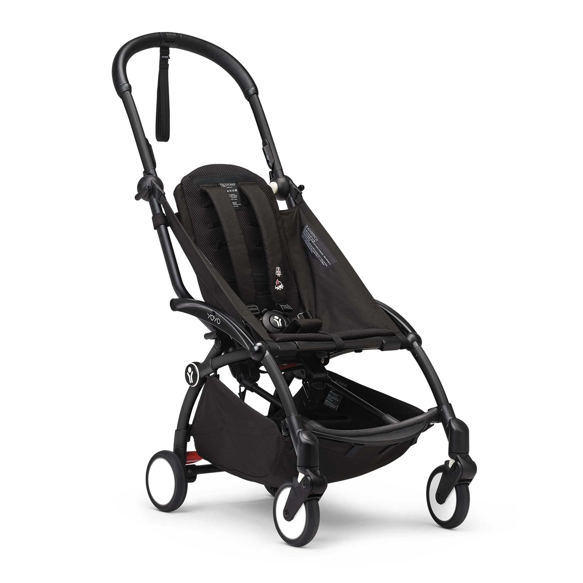 Stokke YOYO3 black frame, side view showing sleek, portable design.