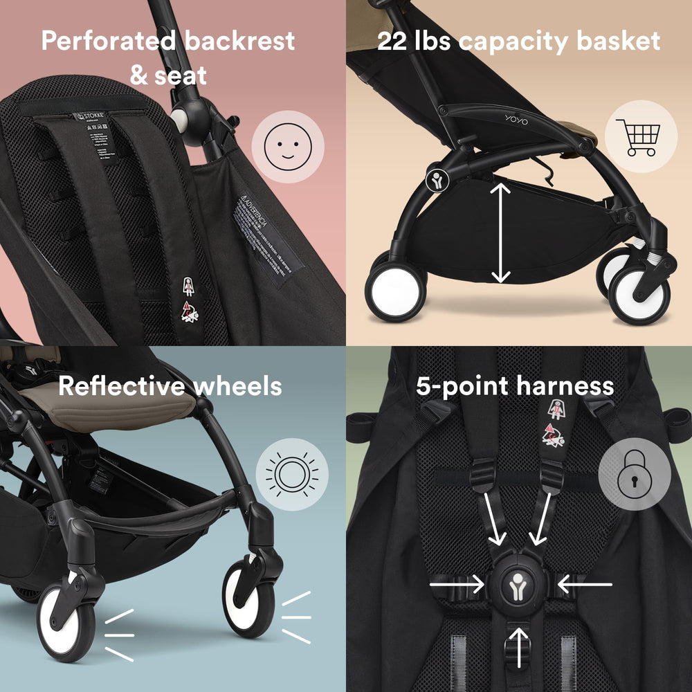 Stokke YOYO3 frame with reflective wheels for safety.