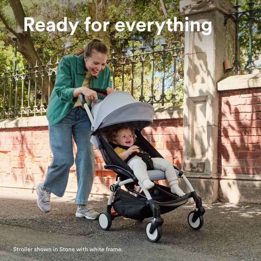 Stokke YOYO3 includes frame, harness, reclining backrest, canopy extensions.