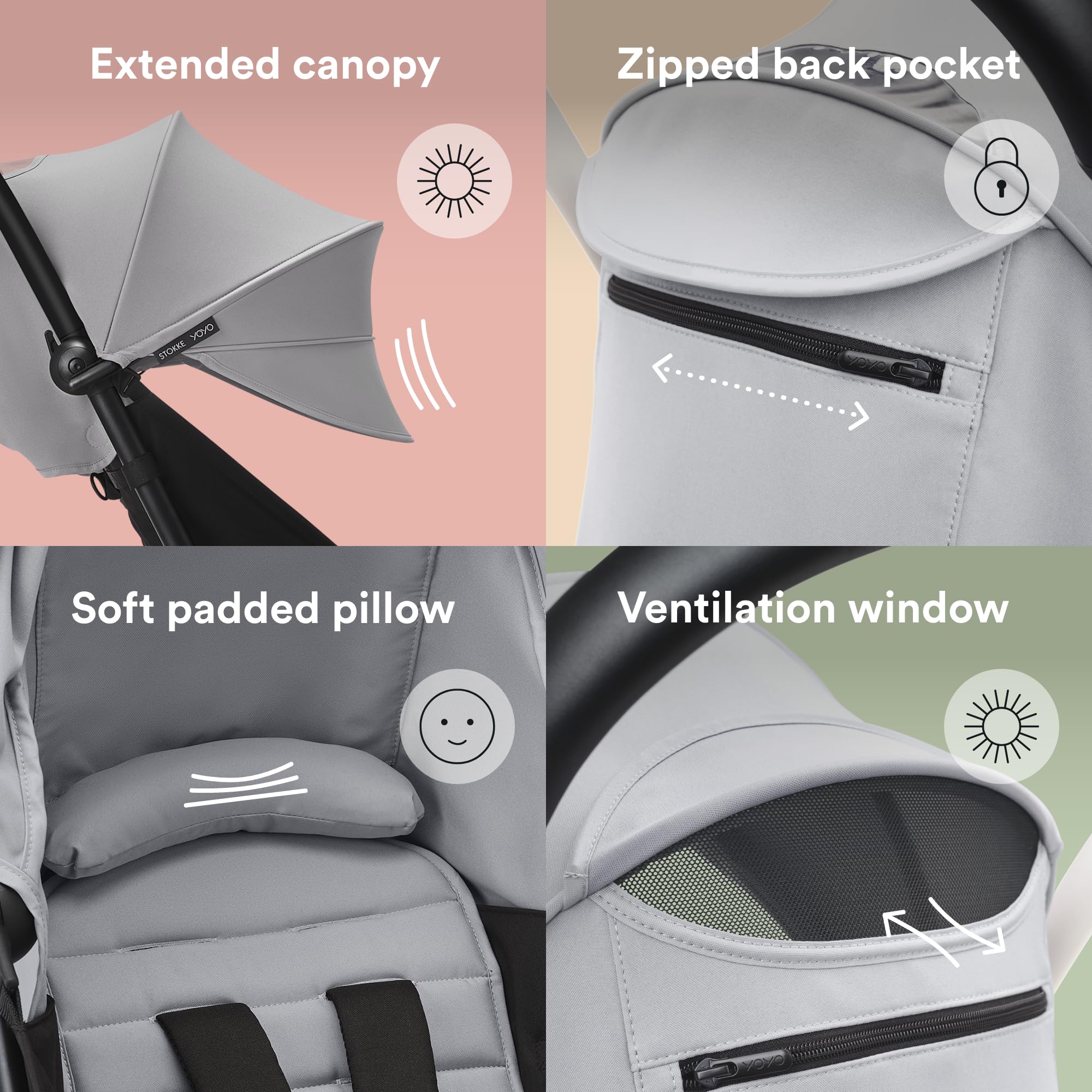 Stokke YOYO 6+ Stone fabric detail highlights premium textiles.