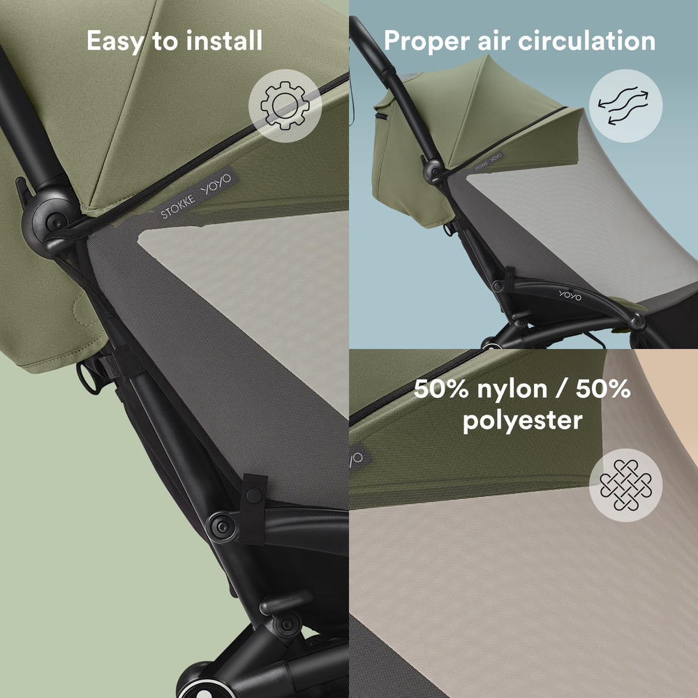 Close view of breathable mesh on the Stokke YOYO 6+ mosquito net.