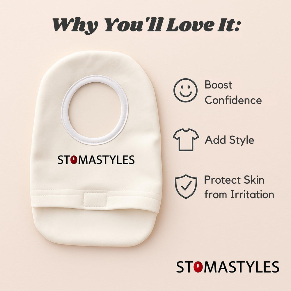 Stoma Styles No Colon Still Rollin bag cover open-bottom design for easy emptying.