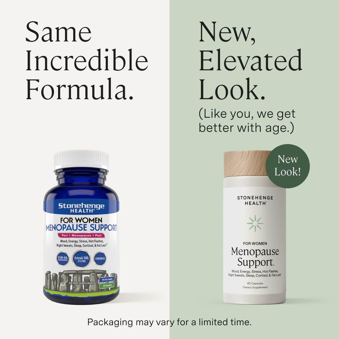 Stonehenge Health menopause capsules shown for energy and sleep support.