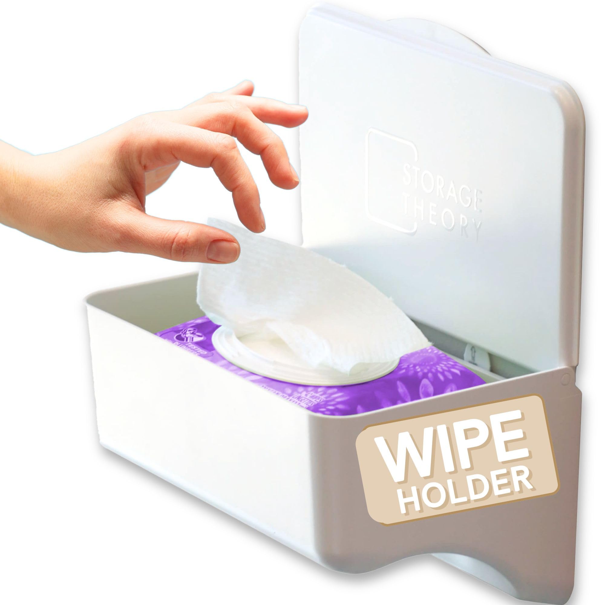 Storage Theory bathroom wipes holder shelf keeps small items organized on a built-in top shelf.