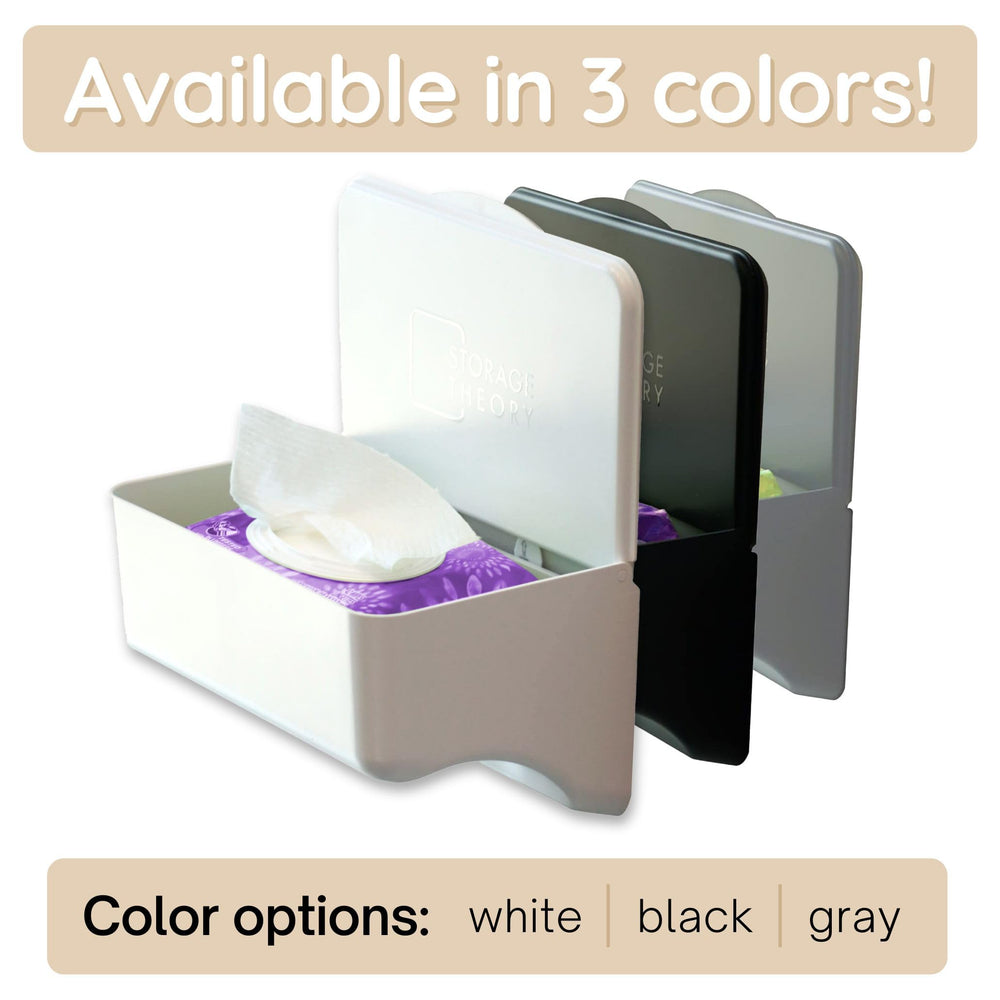 Storage Theory curved bottom over toilet paper holder blends with decor.
