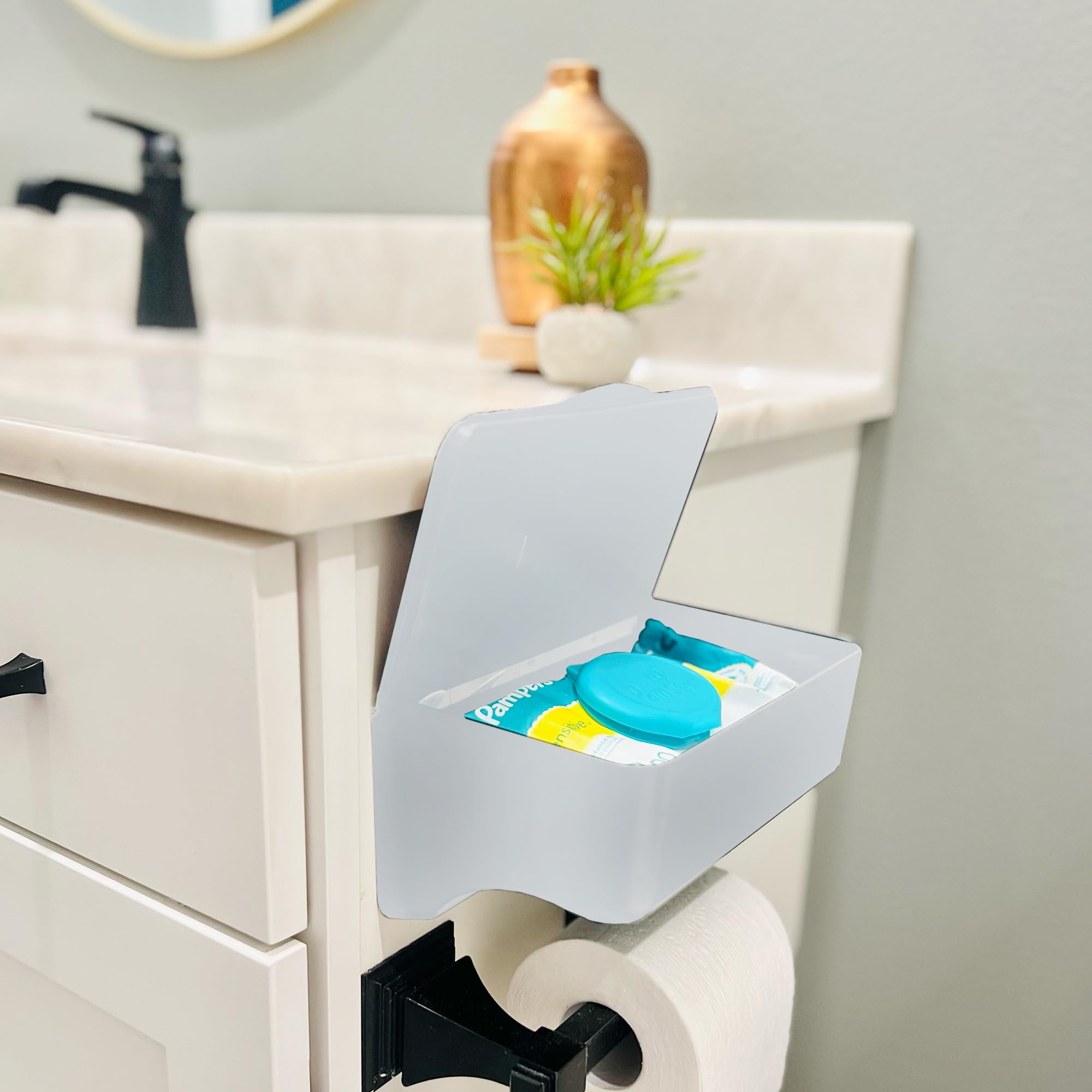 Storage Theory versatile wipes dispenser for bathroom, nursery, or kitchen.