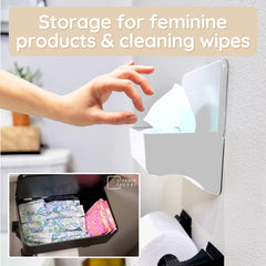 Storage Theory wall-mounted wipes dispenser provides quick access while saving counter space.