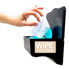 Storage Theory wipe holder mounted on bathroom wall for easy access to wipes
