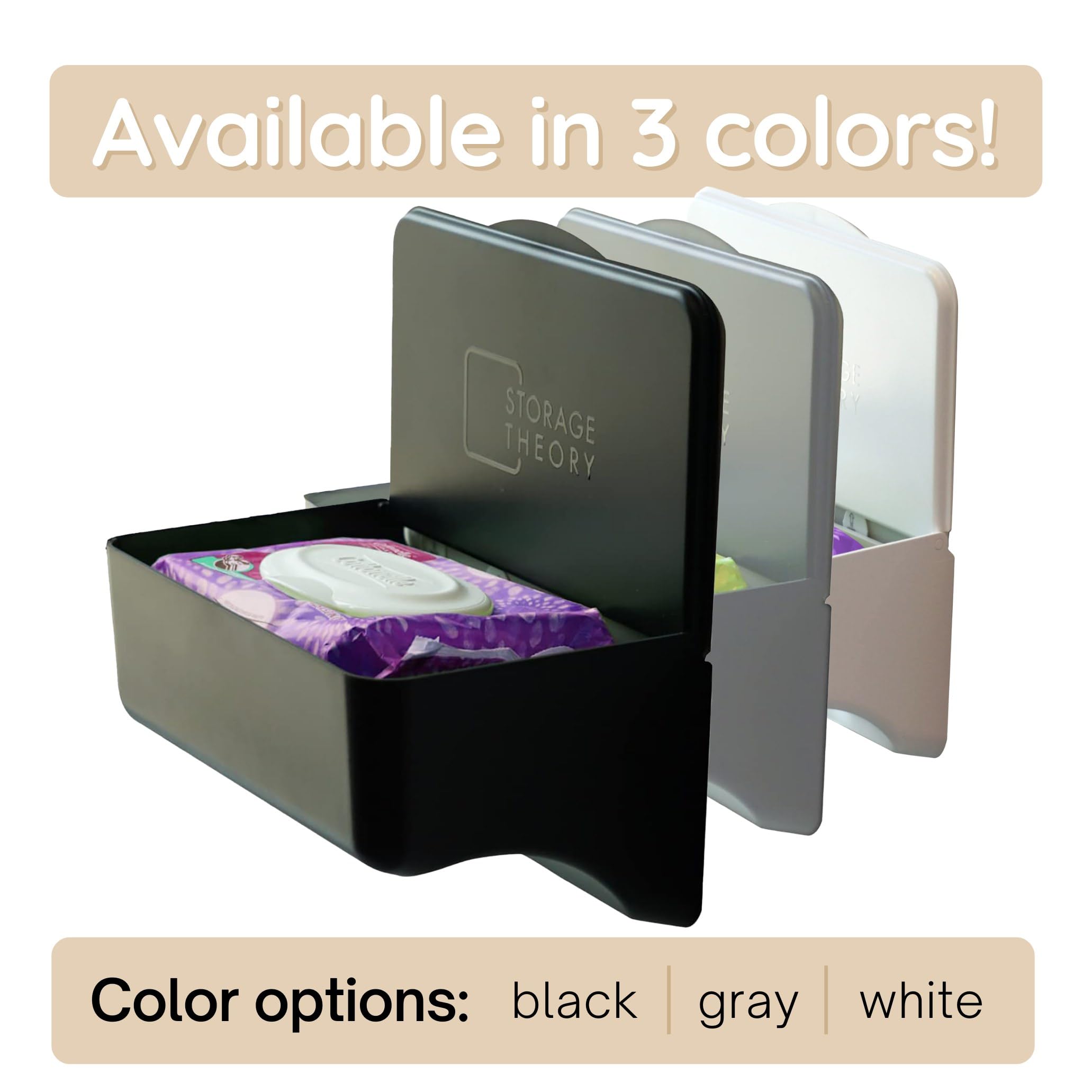 Sleek black finish of Storage Theory wipe holder blends with decor