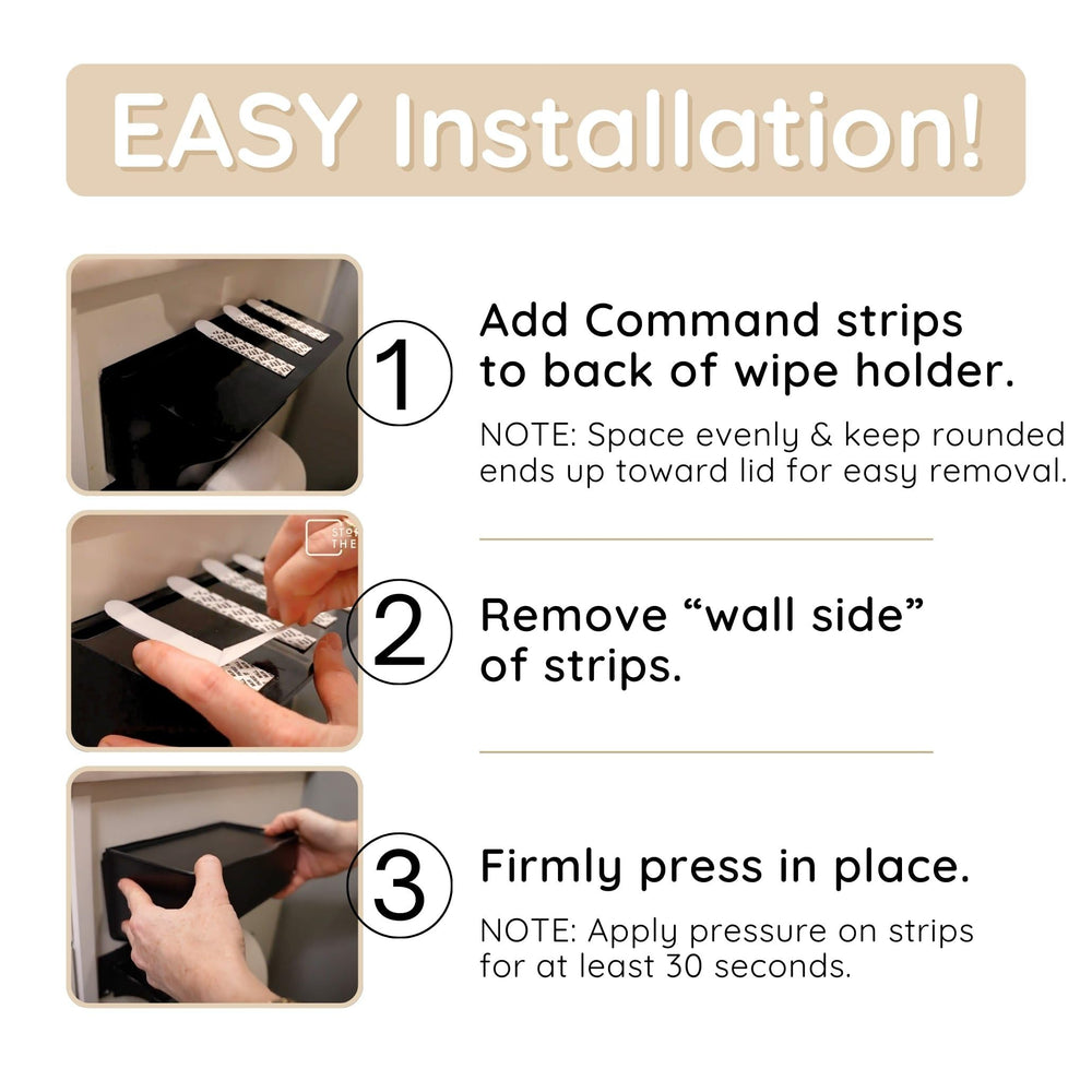 Curved bottom design of Storage Theory wipe holder fitting over toilet paper holder