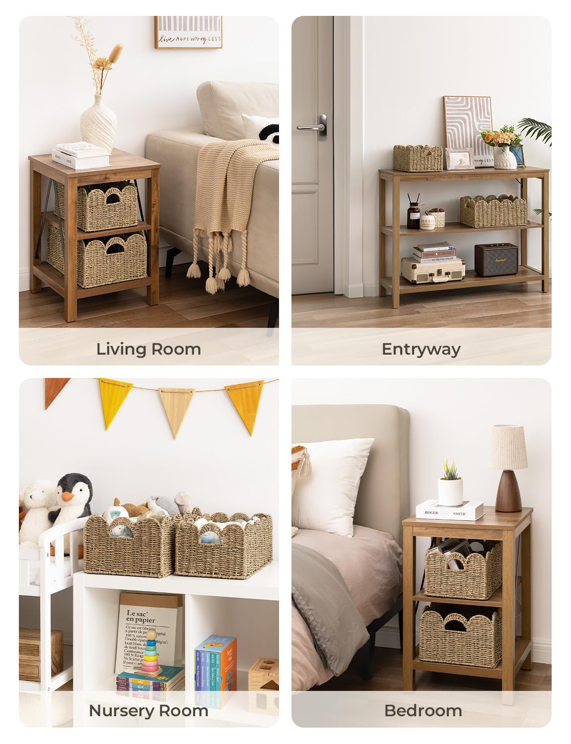 StorageWorks living room organization with scalloped basket adds natural storage for magazines and remotes.