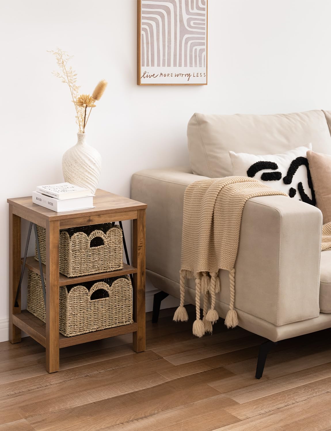StorageWorks neutral seagrass color complements decor while keeping essentials tidy.