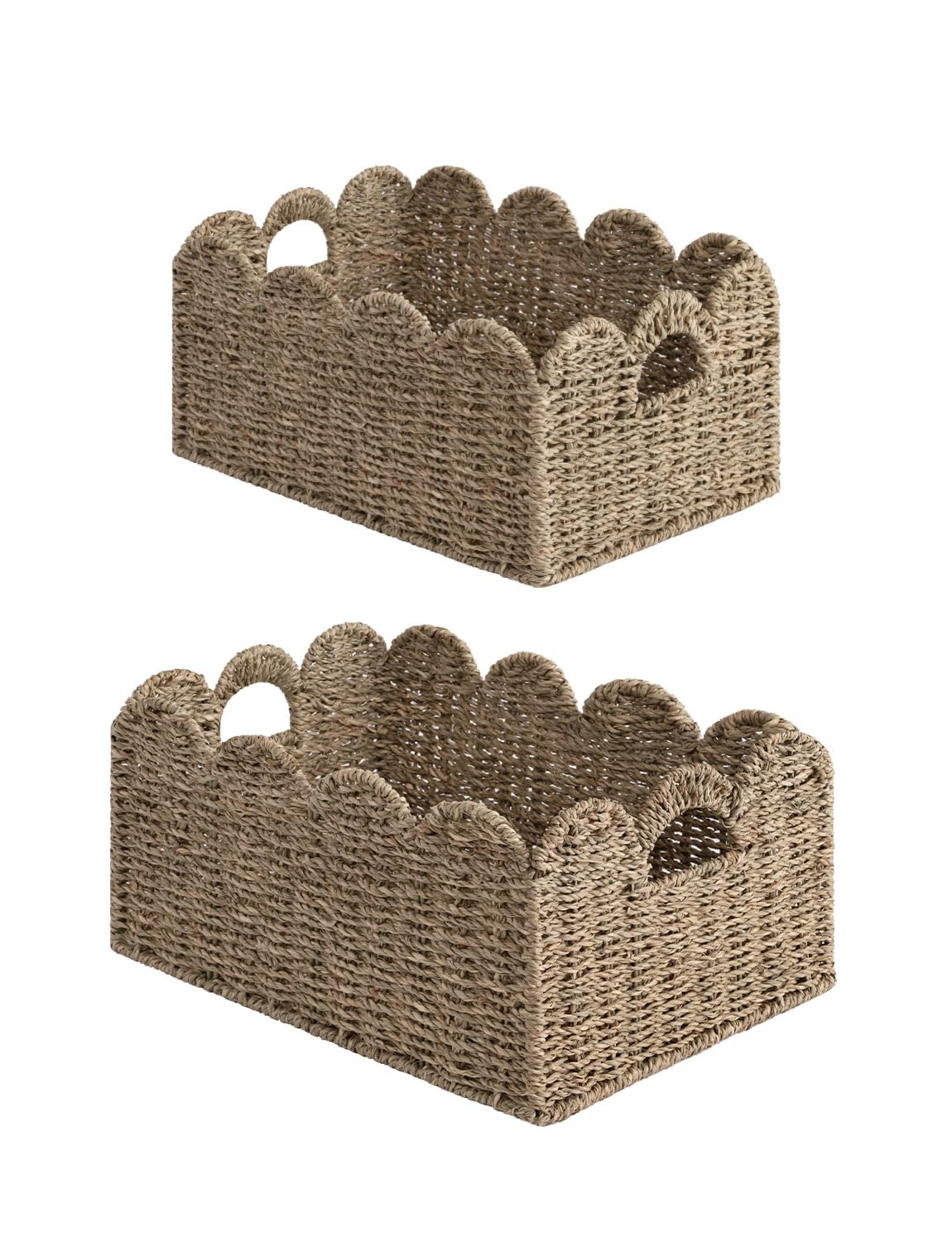 StorageWorks scalloped-edge wicker basket close-up showing handcrafted seagrass detail for stylish storage.