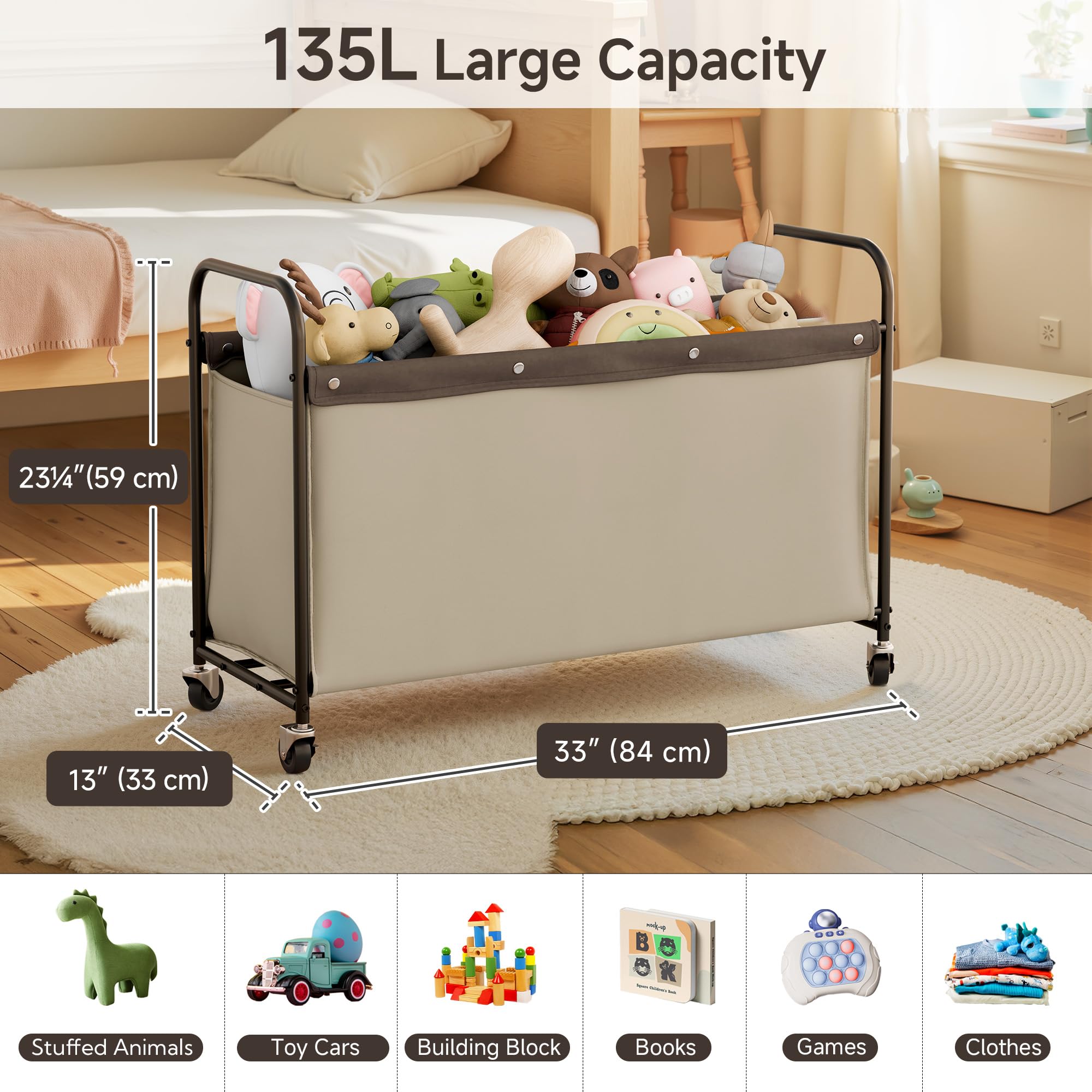 StorageWorks toy chest with wheels, front view, easy-access toy storage.