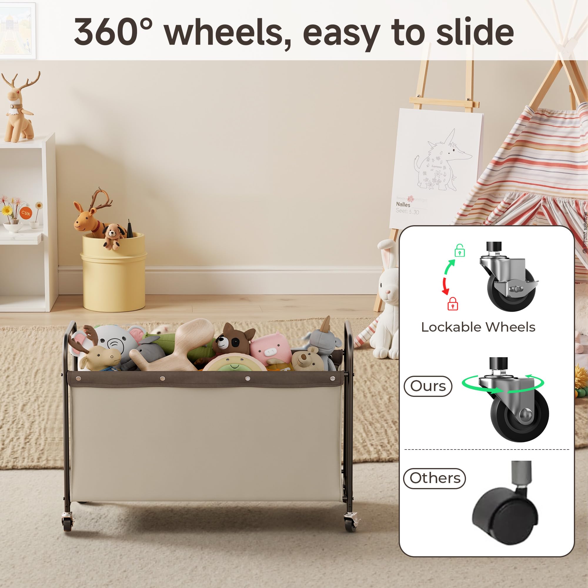 StorageWorks toy chest with wheels, open lid, showing roomy 135L capacity for toys.