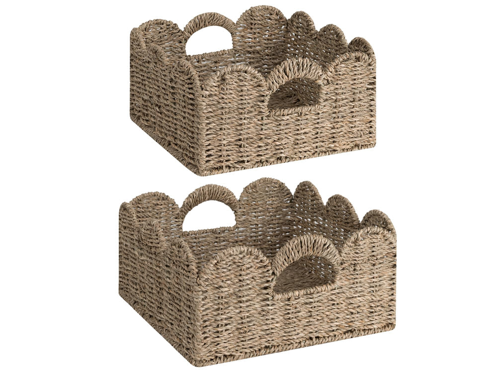 StorageWorks scalloped wicker basket top view, ideal for shelf organization.